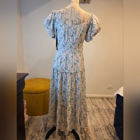 Trixxi Blue/ Aqua / Pink  Floral Puff Sleeve Maxi Dress, Size L. - Picture 7 of 15